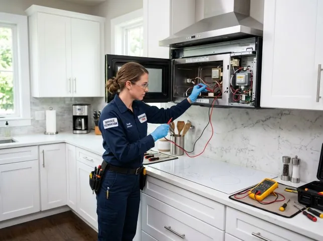 Appliance Repair Hero technician testing an over-the-range microwave in a Ambridge, PA kitchen